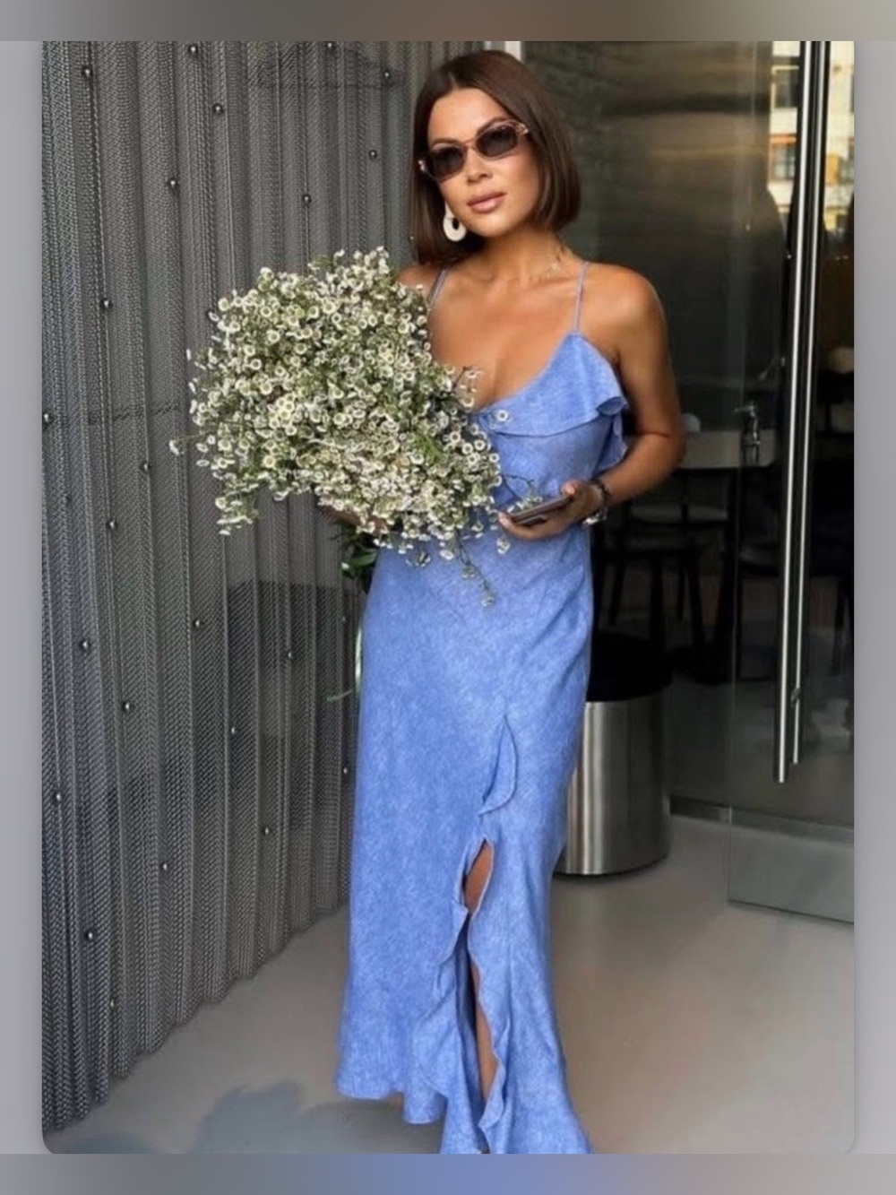 Zara Light Blue Linen-blend Ruffle-Detail Maxi Slip Dress